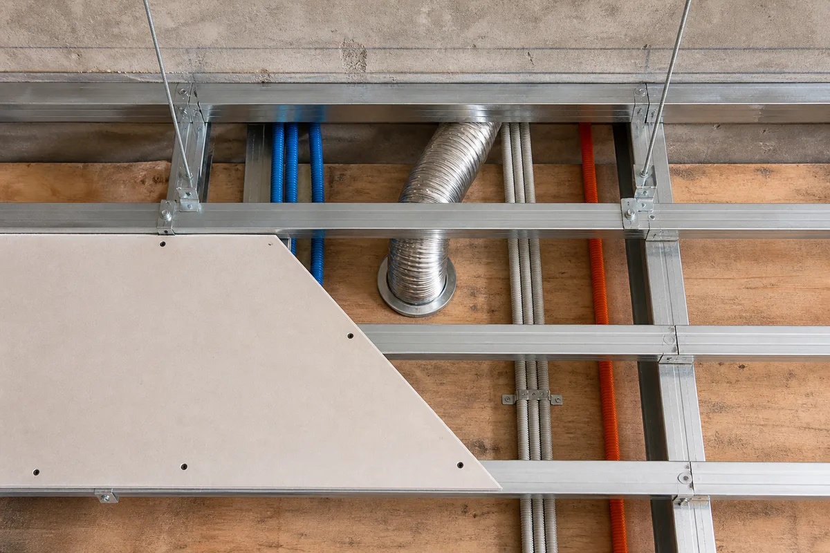 Plafond suspendu sur ossature, suspentes, planéité et passage des gaines